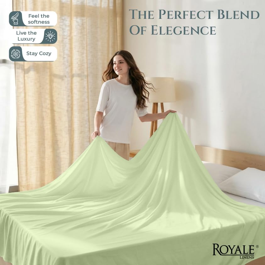 Image of Royale Linen 400 Thread Count Queen Size Flat Sheet Only - Cooling Sheets - 100% Cotton Flat Sheet Only Sold Separately - Luxury Sateen Weave - Super Soft Top Sheets Only (Queen, Florentine Sage)
