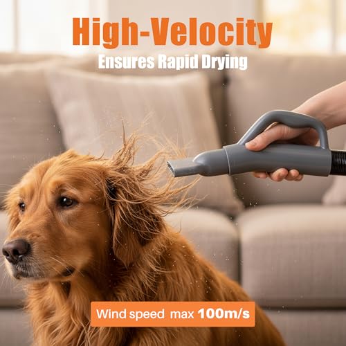 Image of NEWBULIG Dog Hair Dryer, 1550W High Velocity Pet Blow Dryer with Heater for Grooming, Speed Temperature Adjustable Dog Blower Grooming with 4 Nozzles, Grey