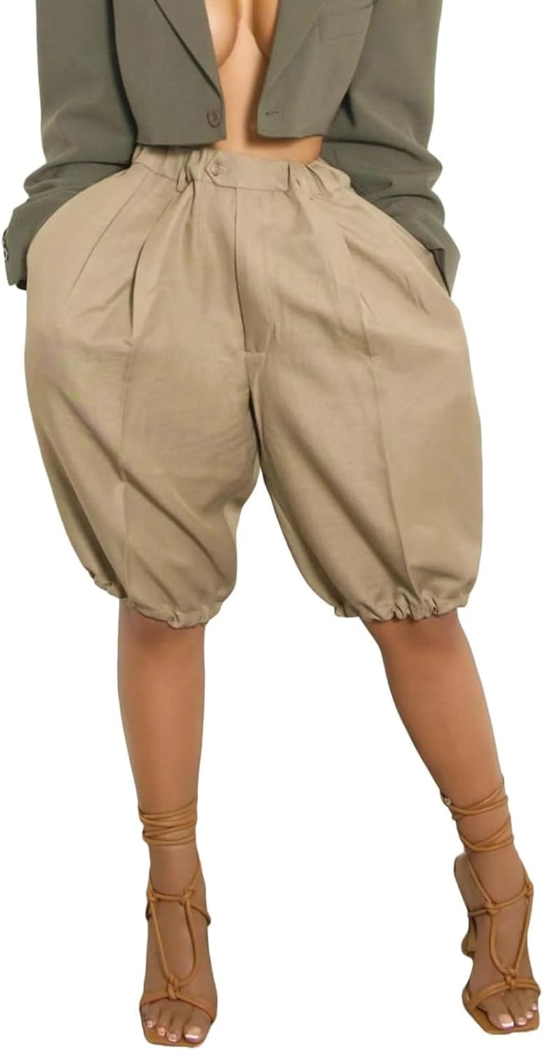 Womens Lantern Tapered Harem Mid Pants Slacks with Pocket Solid Pleated Loose Lounge Short Pants
