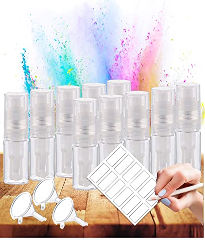 10 pack Luster dust spray Powder Sprayer 15 ml duster PET Bottle Pump dispenser, perfect for cake decoration, Glitter, Powder Luster Dust, Dry shampoo, Craft, travel size + 20 labels + 3 mini funnels2