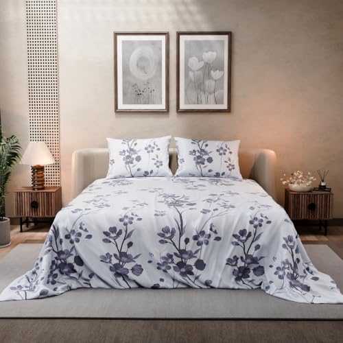 Image of BLISSHOME SoftTouch 140TC Cotton King Size Printed Bedsheet with 2 Pillow Covers for Double Bed, Silky Smooth Bedding Set, Breathable, Easy Maintain, Floral Print - Violet