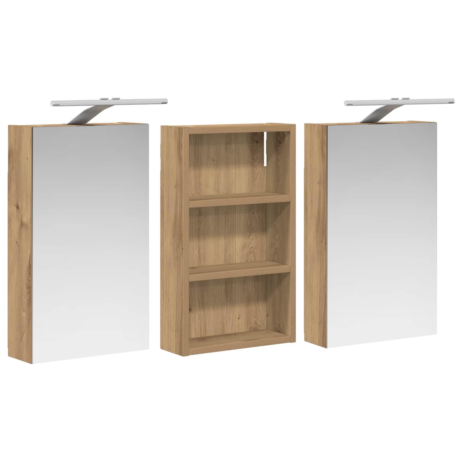 Set di armadietti da bagno in legno, 3 pezzi, 90 x 10,5 x 50 cm, con montaggio a parete e illuminazione a LED, specchio bidirezionale, con ripiani, salvaspazio per mobili da bagno e