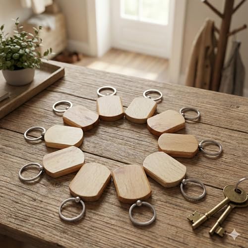 Image of Empty Wooden Keychains, Laser Engravable, Printable & Writable, Pack of 10 Assorted Shapes, 5cm x 3cm