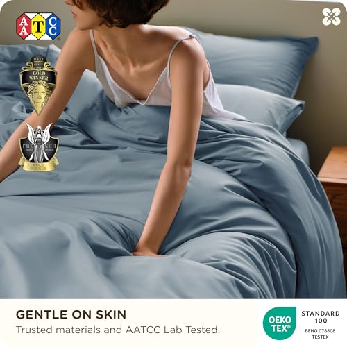 Image of Bedsure Cooling Duvet Cover King Size, Cotton & Viscose Derived from Bamboo Duvet Cover Set, PureWoven Ultra-Soft, Breathable & Lightweight Home Bedding for All Seasons (Dusty Blue,104 inchx90 inch)