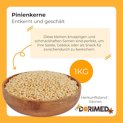 Pinienkerne 1 kg | Geschälte Pinienkerne | Rohe Pinienkerne | Trockenfrüchte 100% natürlichen Ursprungs | glutenfrei | ohne Konservierungsstoff | GMO-frei I sibirisch Pinienkerne I ideal für Rezepte