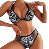 Damen-Badeanzug, 2-teilig, transparent, tiefer Ausschnitt, perforiert, für Strand, Pool, sexy, Sommer, Schwarz, Large
