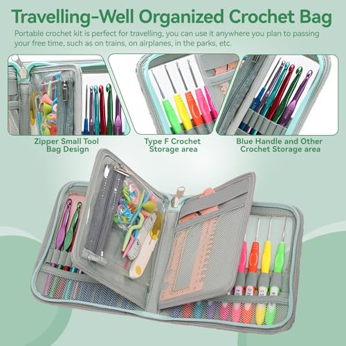 Image of Dasonwin 60-Piece Ergonomic Crochet Hooks Set with Travel Case - Aluminum Crochet Needles Kit for Beginners & Experts, Arthritis-Friendly Design,Includes Stitch Markers & Accessories(Green)