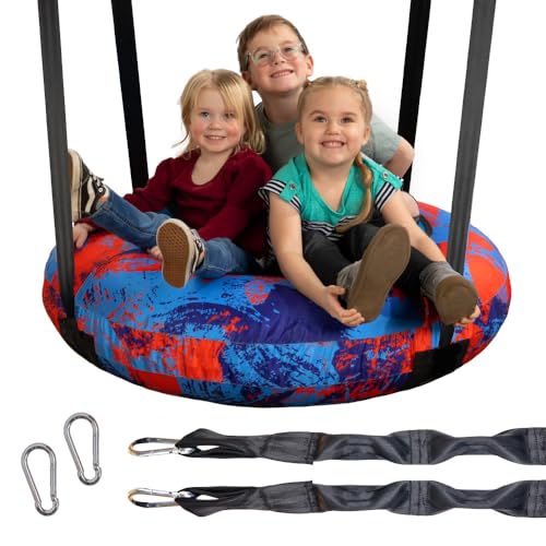 AIR Swing Giant 42” Inflatable Heavy Duty Saucer Swing Indoor Outdoor Playground, Jungle Gym, or Tree Ages 3+ UV-Protected Cover Durable Tube-Frame Adjustable Hanging Straps Carabiners - Blue/Red