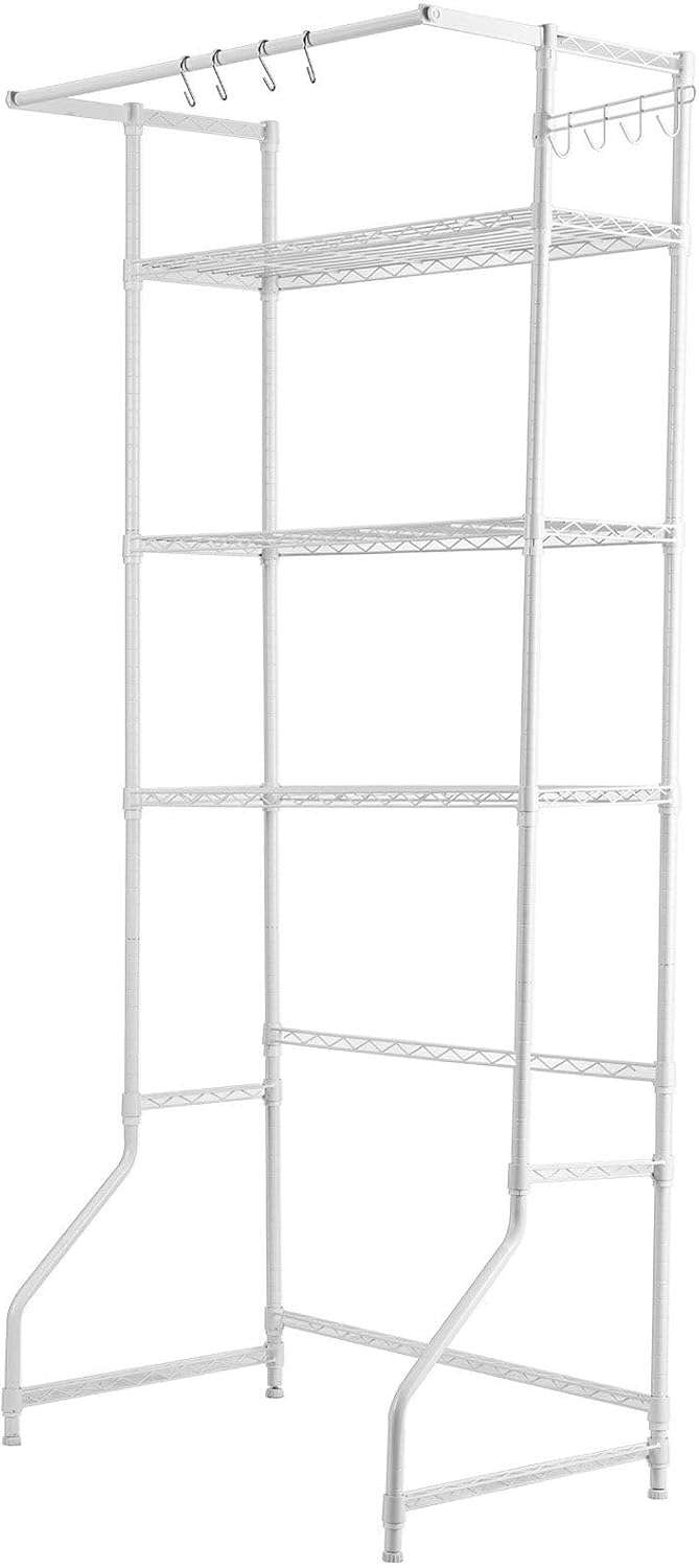 Over Washer Dryer Storage Shelf, 6-Tier Laundry Organizer with Two Rows of Adjustable Shelves, Hanger Rod and Hooks, Fits Units Up to 30.5 Inches Wide, Includes Anti-Tip Device & Leveling Feet, Black