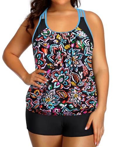 Image of Holipick Plus Size Tankini Swimsuit for Women Two Piece Tummy Control Bathing Suit Blouson Racerback Tankini Top with Shorts