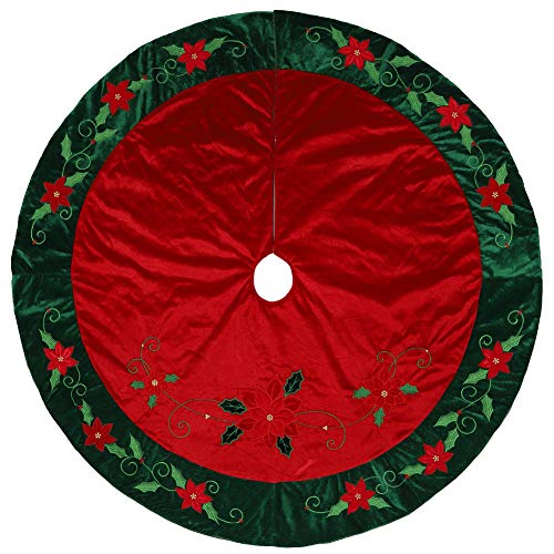Alice Doria 48â€œ Quilted Christmas Tree Skirt Warm Soft Velvet Material with Embroidery and Beaded Christmas Flowers Poinsettia and Holly Leaves