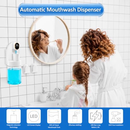 Image of Mouthwash Dispenser for Bathroom, Automatic Mouthwash Dispenser, 20.29 oz Touchless Electric Wall Mounted Mouth Wash Dispenser, 4 Modes with 4 Magnetic Cups for Kids & Adults,Bathroom Accessories Set