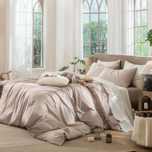 Image of MooMee Striped Duvet Cover Set 100% Washed Cotton Linen Like Twin | Relaxed Linen-like Texture. Soft, Breathable & Long-lasting Comfort. Lightweight. Hidden Zipper with 8 Interior Corner Ties