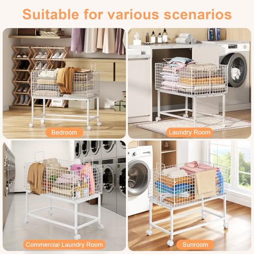 Image of Large Rolling Laundry Basket Cart,Wire Laundry Hamper Cart with Handle and Wheels,White High Laundry Hamper for Laundry Room,Bedroom and Bathroom-120L White (29.5 inchL*19.7 inchW*27.95 inchH inch)