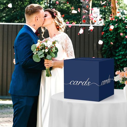 Image of Navy Blue Card Box Silver Foil Wedding Favors Gift Card Boxes Post Box Receiving Money Holder for Wedding Reception, Baby Showers, Anniversary, Birthday Party, Retirement, Graduation Envelope Holder