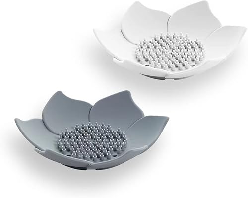 Cawein Jabonera de 2 piezas con drenaje, jabonera para cocina, jabonera, ducha, soporte para jabón de pétalos (blanco y gris)