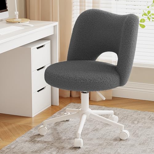 Image of DurayLoly Vanity Chair with Open-Back & Wheels,Armless,Grey | 360 Silent Wheels,Comfy Teddy Fleece,Height Adjustable for Make-up Room,Bedroom,Dorm,Grey