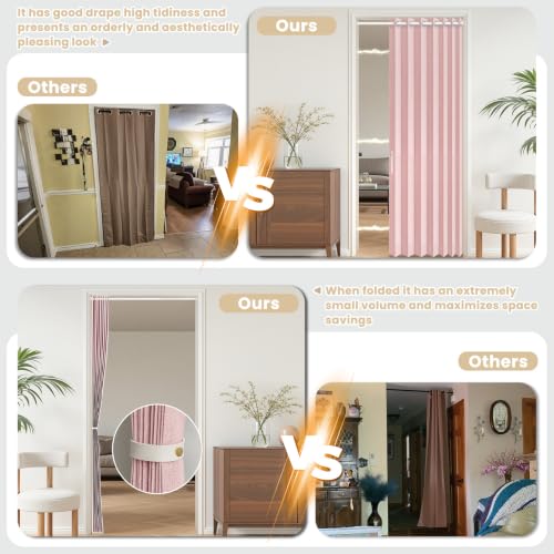 Image of AJAZZ Blackout Accordion Doors Curtain with Curtain Rods 39-52 in Length, Magnetic Door Curtains for Bedroom Living Room Doorway Curtain Set, 1 Panel, W55 x L80 inch, Pink