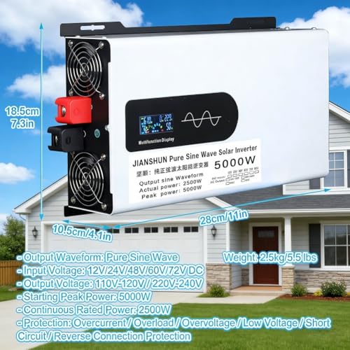 Image of Power Inverter Pure Sine Wave, with LCD Display and 2 AC Outlet, 5000W 6000W 7000W 8000W 10000W for Home RV Truck Car Camping Solar, 12V 24V 48V 60V 72V(10000,12V)