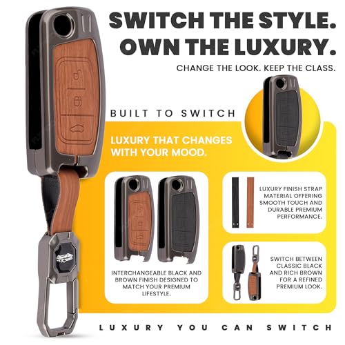 Image of Coll of Fest Premium Metal Leather Key Cover Compatible with Ford Fiesta | Figo | Old Ecosport Flip Key 3 Button Smart Key (2-in-1 Dual Leather Metal (Black & Brown)