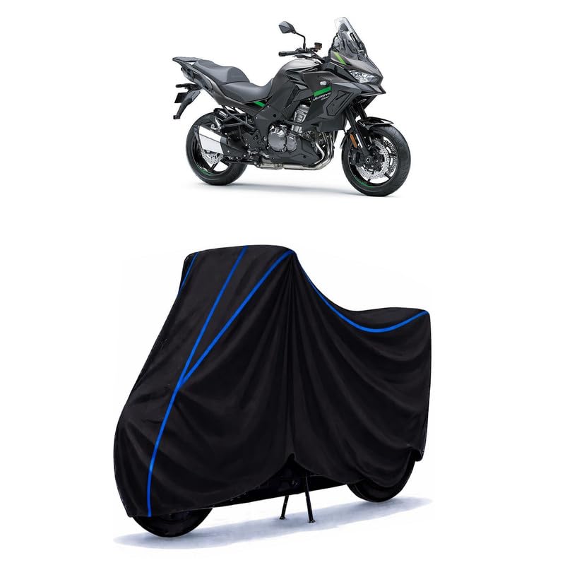 Image of versys 1000 Bike Cover Water Resistant Universal Motorcycle Rain | Heavy Duty UV Protection, Dust, Scratch Indoor Outdoor All Weather with Black Blue Piping Elastic