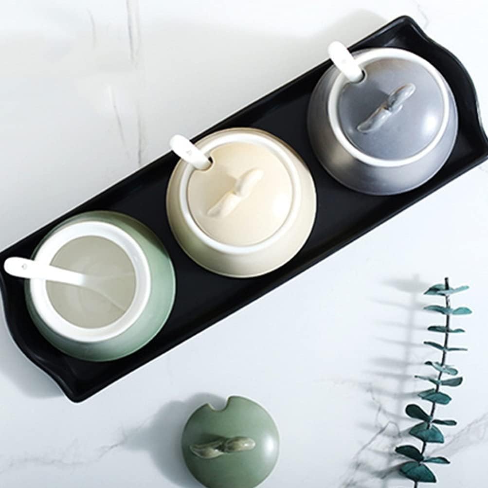 Porcelain Condiment Jar Spice Container with Leaves Lids Ceramic Serving Spoon and Tray Best Pottery Cruet Pot for Home Kitchen Counter