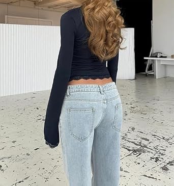 Women's Lace Trim Square Neck T Shirt Y2K Long Bell Sleeve Slim Fit Basic Crop Tops Blouse Fairy Aesthetic Tee Shirts Streetwear