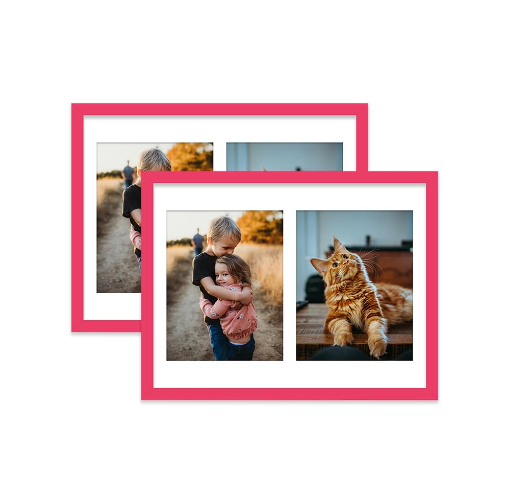 Bright Pink Multi Photo Frame - Holds 2 x 9x7 Pictures, Family Collage Picture Frame for Wall Display, 16x12 Frame size, Set of 2