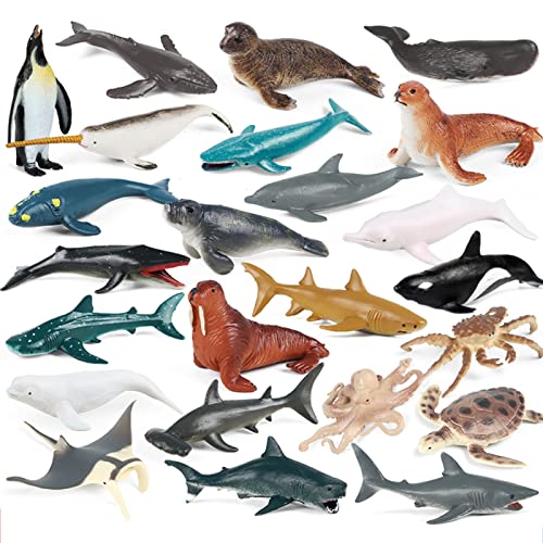 EOIVSH 24PCS Mini Ocean Animal Figurines - Realistic Sea Creatures Toy Figures with Sharks, Whales & Walrus - Under The Sea Life Figure for Party...