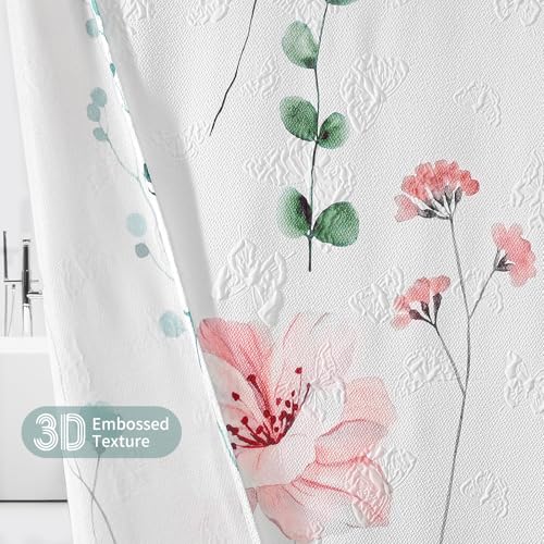 Image of QiyI Watercolor Floral Shower Curtain, 3D Embossed Butterflies Sage Green Botanical Bathroom Curtain, Pink Flowers Cloth Bath Curtain, Waterproof Fabric Textured Shower Curtain Set with Hooks, 72x72