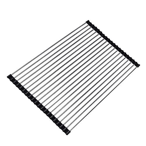 Image of Ahyuan Roll up Dish Drying Rack Over The Sink Kitchen Roll up Sink Drying Rack Stainless Still Portable Drainer Foldable Dish Rack (Black, 17.8''X13.5'')