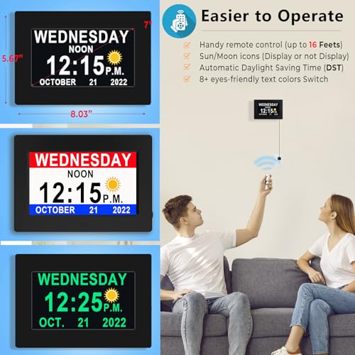 Massii DC0702-BLACK 19 Alarms Digital Clock With Auto Dst And Sun Moon Icons, Custom Reminders And Calendar Clock, Day Date Clock For Seniors Dementia Alzheimers' Clock- 7 Inch thumb #2