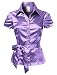 LE3NO Womens Short Sleeve Satin Blouse with Waist Tie