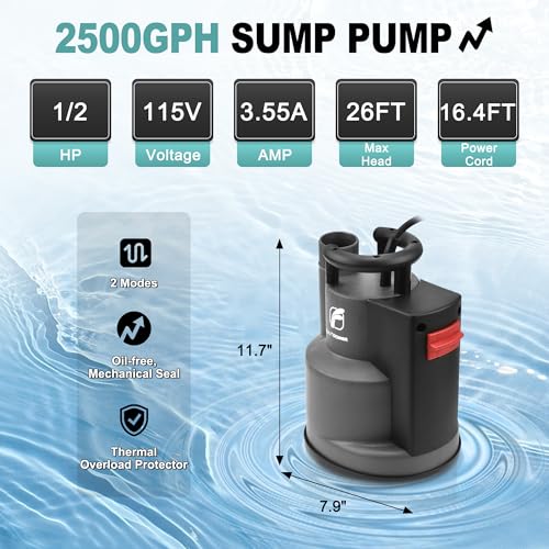 Image of FLUENTPOWER 1 /2 HP Submersible Sump Pump 2500 GPH, Automatic /Manual Utility Water Pump with Integrated Float Switch, 16.4 ft Cord for Pool Pond Basement Flood Draining