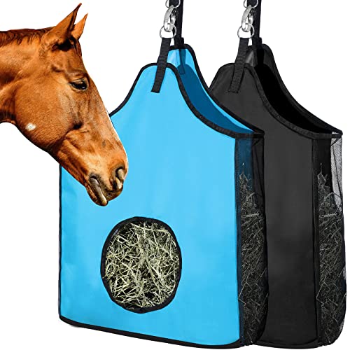 2 Pieces Horse Hay Bag Large Feeding Hay Bag 600D Nylon Horse Hay Tote Bag Durable Horse Feeder Sack Storage Bag with Metal Rings for Horse Sheep Cow Goats, Black and Blue