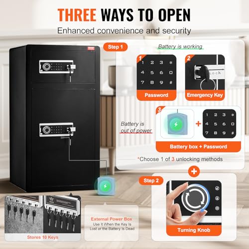 VEVOR Double Doors 7.2 cu.ft Safe Box with Key Lock & Password, Safe Lock Box with Fireproof Bag, Key Rack, LED Light and 2 Height Adjustable and Removable Divider for Money, Documents, Jewelry and Va by VEVOR - Image 3
