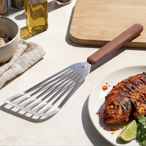 Image of Ember Cookware Stainless Steel Turner 31 cm | Oil Draining Design | Thin Slotted Steel Spatula for Precision Flipping | Flexible Head | Heat Resistant Silicone Handle | Terracotta