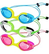 XDX Kids Swim Goggles, 3 Pack Swim Goggles with Adjust Bungee Strap, No Leaking Anti Fog Kids Gog...