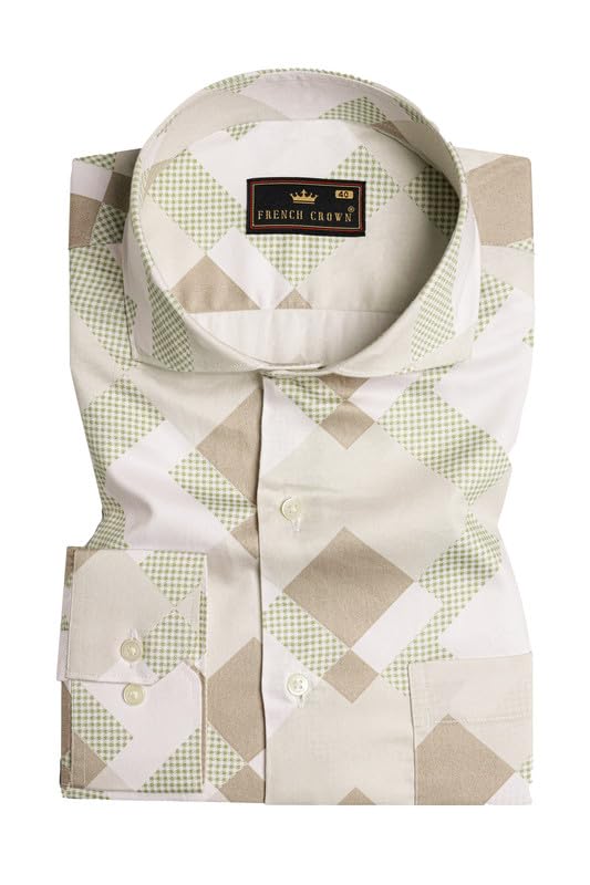 French CrownMerino Beige with Bronco Brown and Pavlova Green Printed Super Soft Premium Cotton Shirt(10750-CA-40)