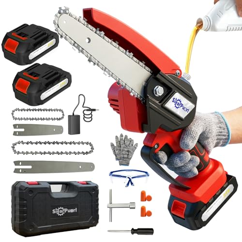 SIEARPUORL Mini Chainsaw Cordless 4&6 Inch Electric Chainsaw Battery Powered with Automatic Oiler Handheld Chainsaw with 2 Batteries & Charger Hand Chainsaw for Tree Trimming Wood Cutting
