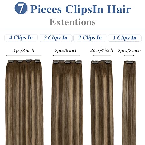 Image of Clip in Hair Extensions Real Human Hair S-noilite #4T4P27 Chocolate Brown to Caramel Blonde Double Weft hair extensions 20 Inch Clip in Real Human Hair for Women Balayage Straight 7PCS 125g