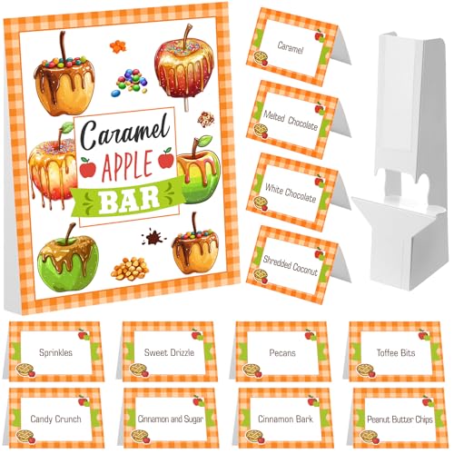 Image of Marspark 14 Pcs Caramel Apple Dipping Bar Station Decorating Set for DIY Candy Apple Corners Fall Dessert Table Sign with Stand and Cards for Fall Autumn Halloween Thanksgiving Table Decorations