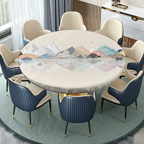 Elastic Edge Round Fitted Tablecloth Watercolor Painting Mountain Peaks Waterproof Wipe Clean Polyester Table Cover Waterproof Stain-Resistant Oil-Proof Wrinkle Table Cover 48 Inch #TOP2
