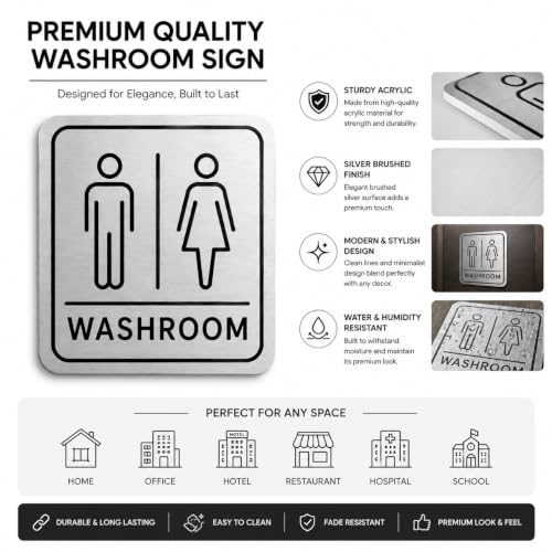 Image of Premium Acrylic Washroom Door Sign | Brushed Silver Finish Self-Adhesive Signage for Hotel, Office, Resort, Society, Corporate, Hospital & Commercial Spaces | Elegant Bathroom Door Sign