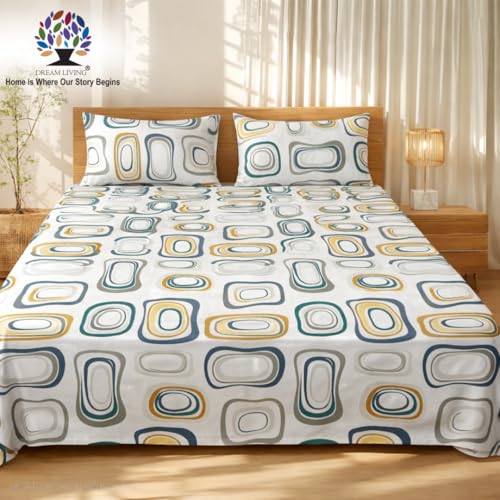 Image of Dream Living Printed Geometric Double Bedsheet with 2 Pillow Covers |120 GSM | 220x240 Cm | White