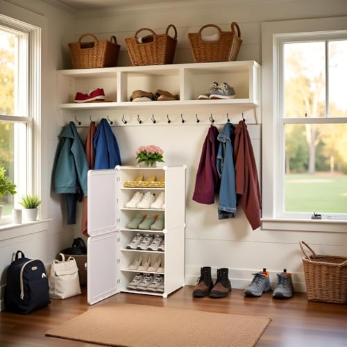 Image of Sunderlook Shoe Rack Plastic for Home- Shoe Stand, Chappal Stand, Professional Multipurpose Foldable Standing Comfort Runner Shoe Rack with Door, Slipper Stand (White, 6 Shelf 2 Door)