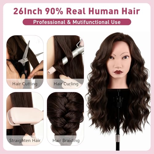 Image of Mannequin Head with 90% Human Real Long Hair, Cenoz 26 inch Hairdresser Cosmetology Training Head with Stand and Tool, Manikin Training Practice Head, Doll Head for Hair Styling Braiding DIY（Dark Brown）