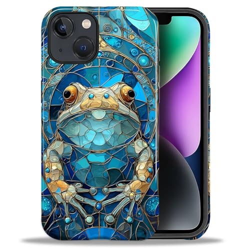 ZHEGAILIAN Case for iPhone 14 Plus,Shockproof Hard Shell + Soft Silicone 2 in 1 Hybrid,Shockproof Bumper Drop Protective - Blue Frog Stained Glass