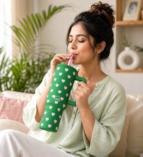 Image of House of Quirk 1200ML Stainless Steel Tumbler with Handle & Lid, 2 Straws - Large Travel Mug Water Cup for Gym, Office & Outdoor Use (Matcha Kiss)