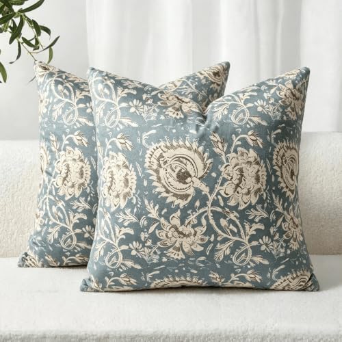 Image of OYIMUA Floral Printed Velvet Cushion Covers 45x45cm Dusty Blue Set of 2